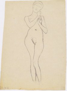 Nudo femminile in piedi di fronte con le braccia alzate